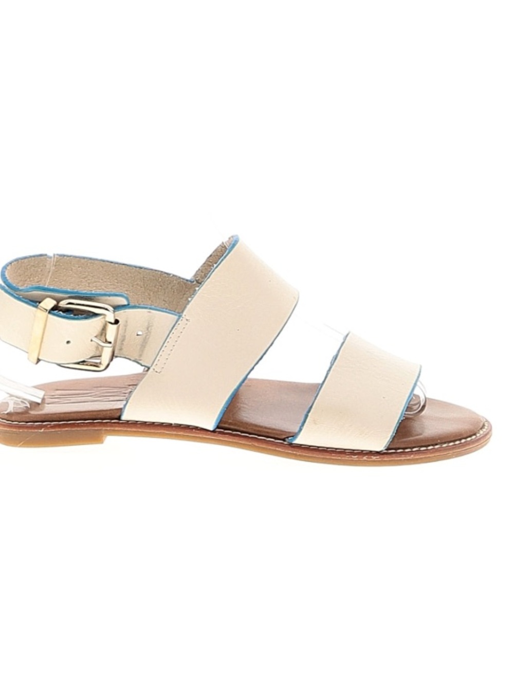 Miz Mooz White Leather Open-Toe Two Strap Sandals with Blue Trim